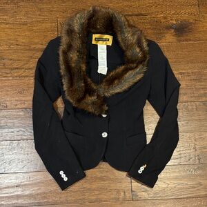 Plein Sud Black Blazer with Brown Faux Fur Collar size 40 -fits a 4-6